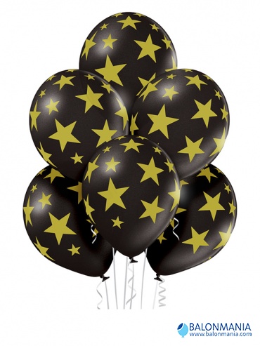 Balon lateks "Zlatne zvijezde crni balon" 6 kom