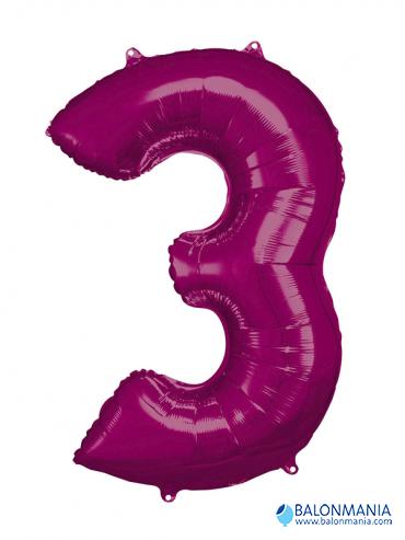 SuperShape Number 3 Pink Foil Balloon L34 Packaged 53cm x 88cm