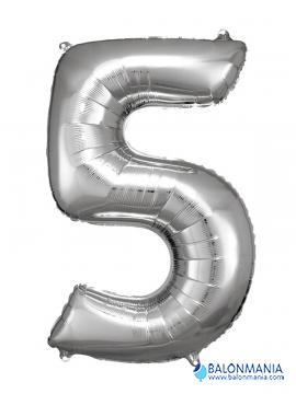 SuperShape Number 5 Silver Foil Balloon L34 Packaged 58cm x 86cm