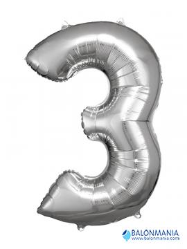 SuperShape Number 3 Silver Foil Balloon L34 Packaged 53cm x 88cm