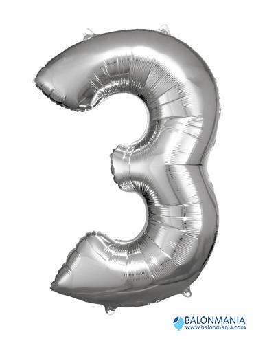 SuperShape Number 3 Silver Foil Balloon L34 Packaged 53cm x 88cm