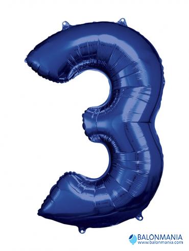 SuperShape Number 3 Blue Foil Balloon L34 Packaged 53cm x 88cm