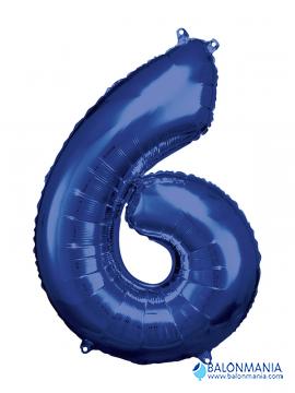 SuperShape Number 6 Blue Foil Balloon L34 Packaged 55cm x 88cm