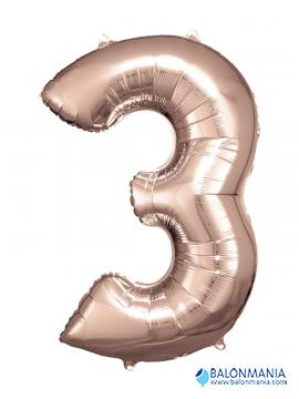 SuperShape Number 3 Rose Gold Foil Balloon L34 Packaged 53cm x 88cm